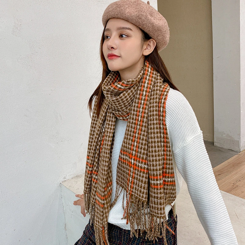 Autumn Winter Women'S New American Cashmere Scarf Warmth Tassel Shawl Color Grid Scarf