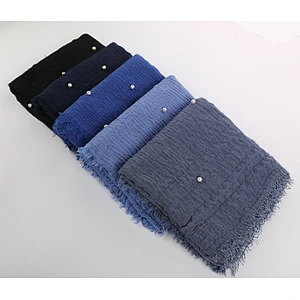 Hot Sale Women's Scarf Solid Color High Quality Fringe Pearl turkish plain crinkle cotton hijab  scarf