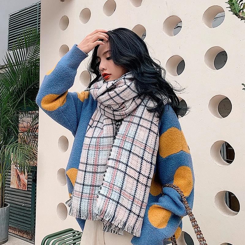 New Cashmere Scarf Shawl Female Factory Direct Europe Black Pink Plaid Double-Sided Scarves