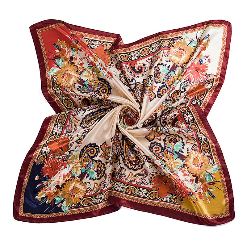 Fashion Female Scarf Cashew Flower Printed Satin Square Scarf Handkerchief 90cm Square Scarf