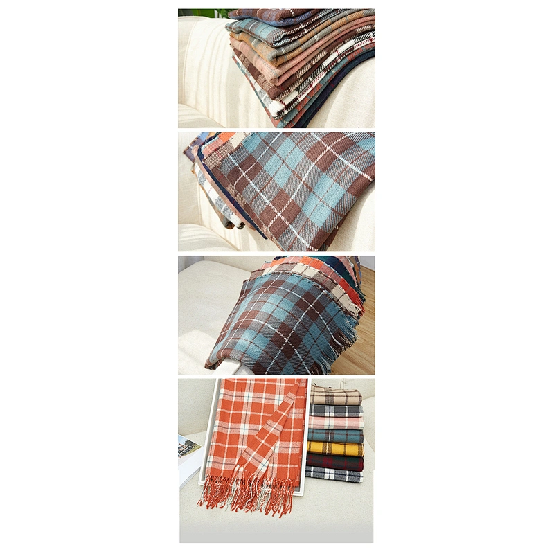 New Girls Winter Thick Warm Long Plaid Scarf Cashmere Tassel Simple Double-Sided Plaid Scarf