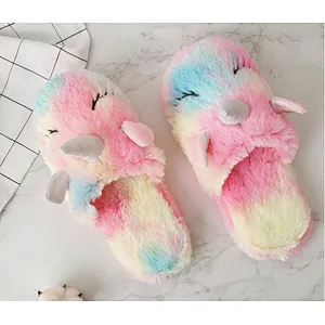 Warm Indoor Gradient Color Cartoon Slippers Fluffy Slippers Plush Sweet Unicorn Baby Girls Shoes