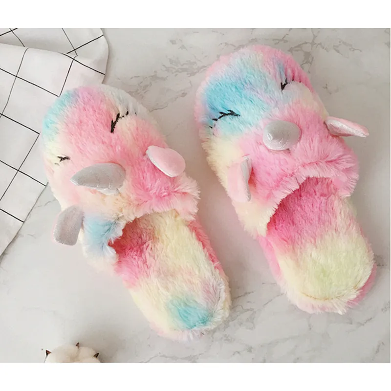 Warm Indoor Gradient Color Cartoon Slippers Fluffy Slippers Plush Sweet Unicorn Baby Girls Shoes