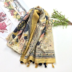 Dark Ginger Yellow Tassel Ethnic Style Seaside Beach Travel Photo Thin Sunscreen Dual-Use Scarf Shawl