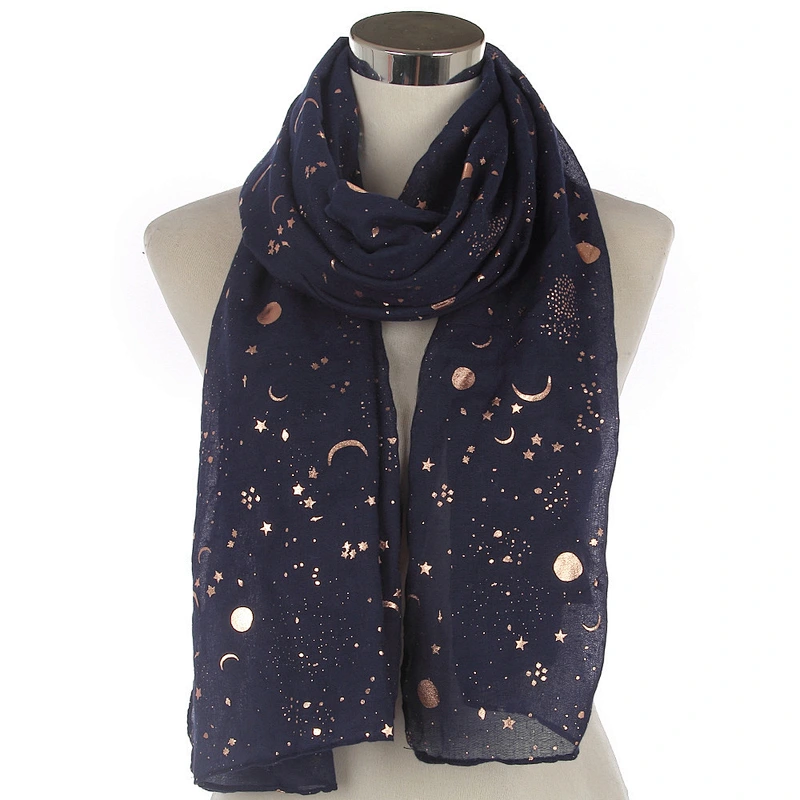 Cheap wholesale breathable Gold stamping star moon custom polyester voile scarf