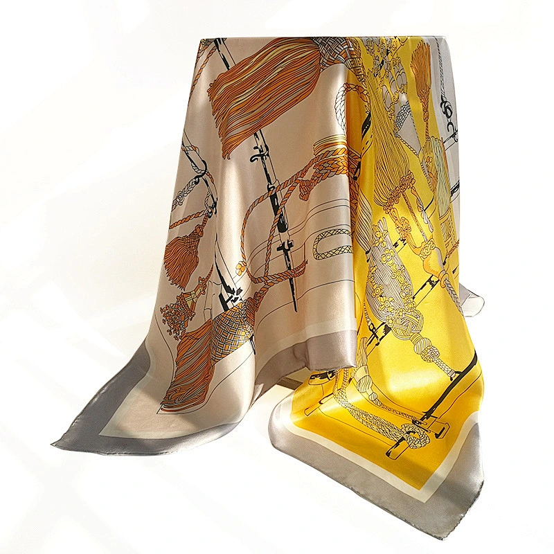 New Design Shawl Scarf 110*110 Cm Head Hijab Tassel Pattern Printing Large Square Twill Silk Scarf For Women Wholesale
