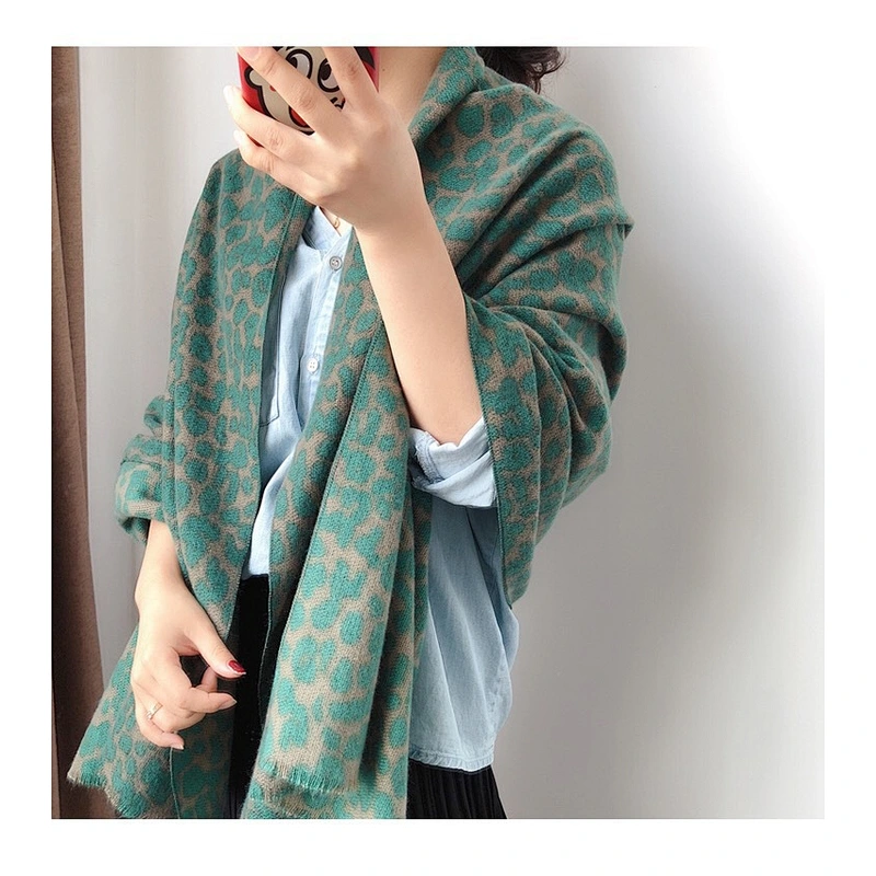 Western Style Avocado Green Scarf Women Winter Korean Wild Leopard Print Long Thick Shawl