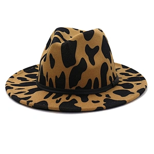 Autumn Winter Ladies Felt Leopard Print Wide Brimmed Felt Fedora Jazz Cap Panama Hat