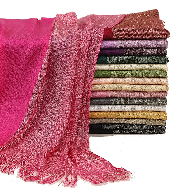 Wholesale Fringed Gold Silk Plain Color Breathable Cotton Muslim Scarf