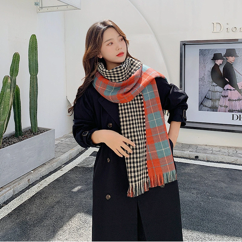Autumn Winter New Thick Warm Double-Sided Fine Lattice Scarf Cashmere Women Printed Fringed Grid Scarf