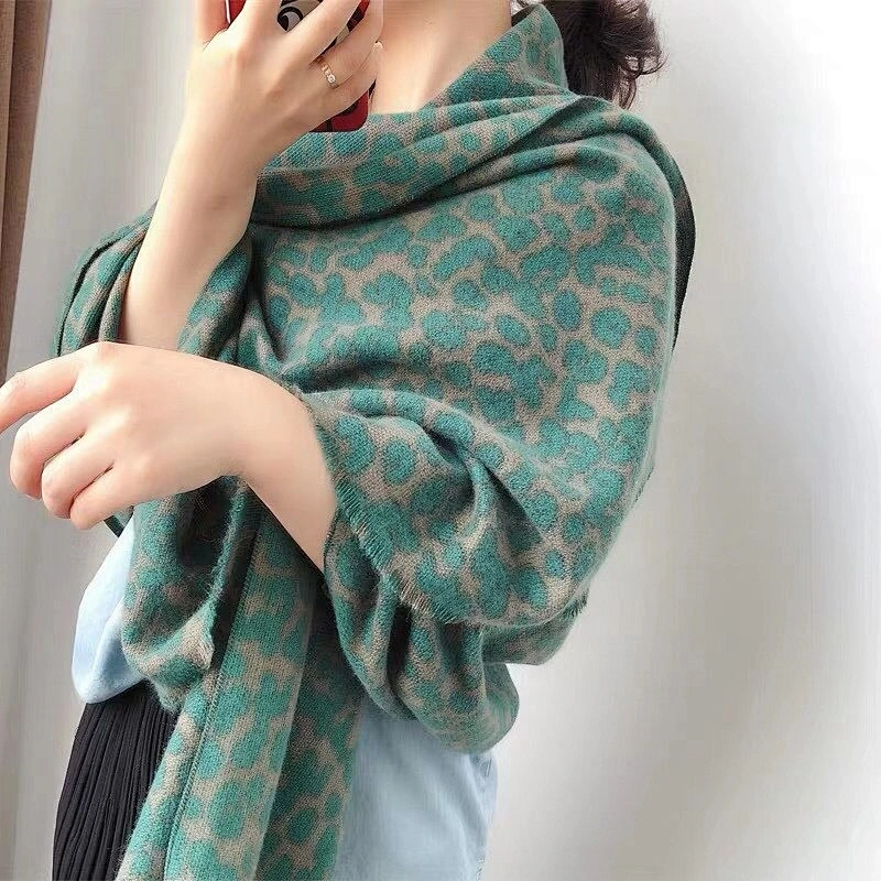 Western Style Avocado Green Scarf Women Winter Korean Wild Leopard Print Long Thick Shawl