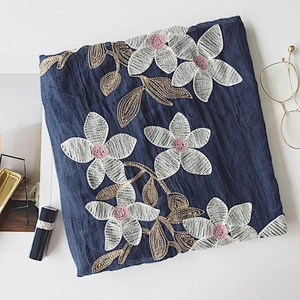 Spring style cotton and linen ethnic style flowers cotton and linen embroidery solid color scarf female linen extra long silk sc
