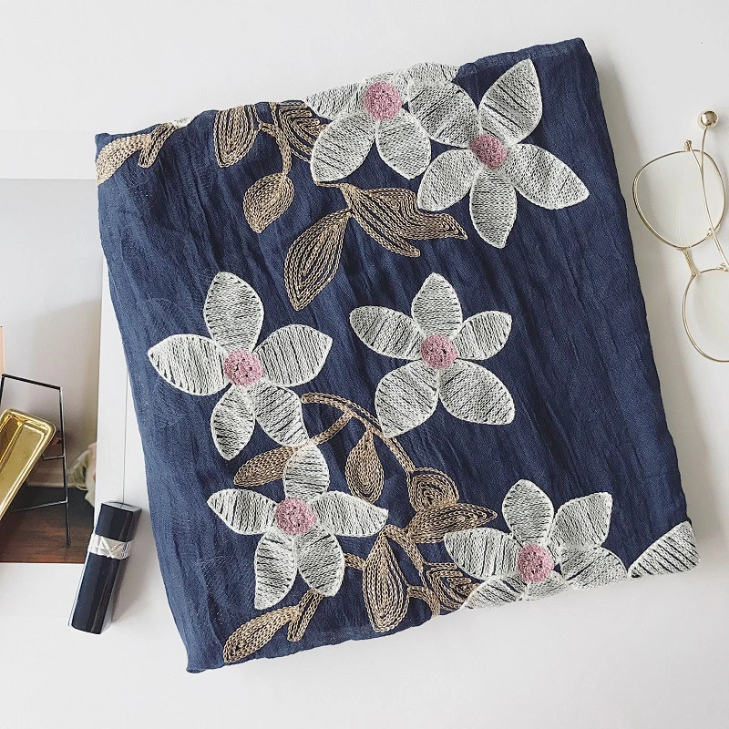 Spring style cotton and linen ethnic style flowers cotton and linen embroidery solid color scarf female linen extra long silk sc