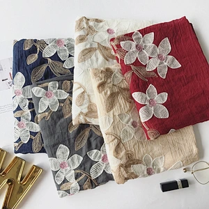 Spring style cotton and linen ethnic style flowers cotton and linen embroidery solid color scarf female linen extra long silk sc