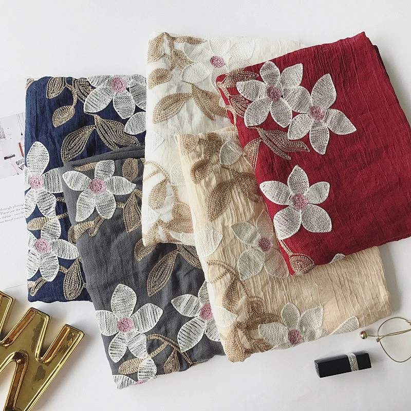 Spring style cotton and linen ethnic style flowers cotton and linen embroidery solid color scarf female linen extra long silk sc