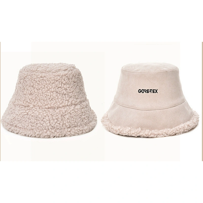 Ladies Suede Embroidered Logo Women Winter Double Sided Reversible Suede Bucket Hat