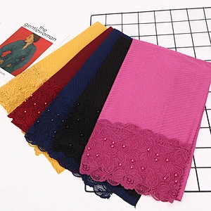 Single Color Cotton Crease Women'S Long Lace Stitching Pearl Length Wholesale Lace Hijab Scarf