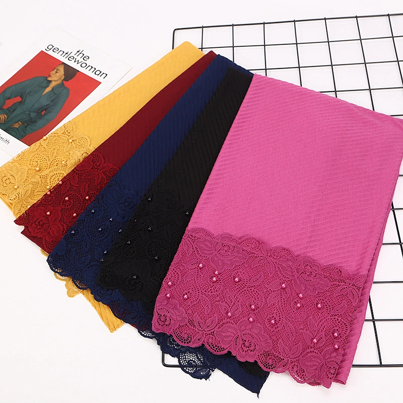 Single Color Cotton Crease Women'S Long Lace Stitching Pearl Length Wholesale Lace Hijab Scarf