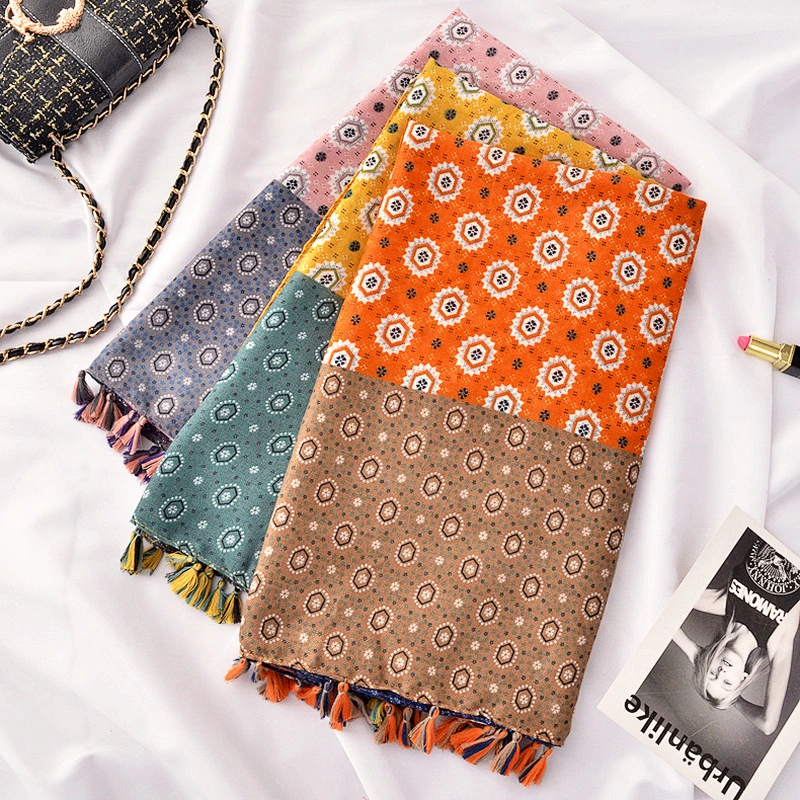 New Spring Summer Travel Ethnic Scarf Geometric Pattern Color Matching Twill Cotton Beach Towel Cotton Linen Scarf