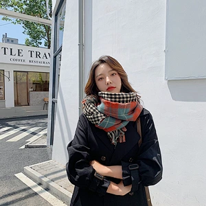 Autumn Winter New Thick Warm Double-Sided Fine Lattice Scarf Cashmere Women Printed Fringed Grid Scarf