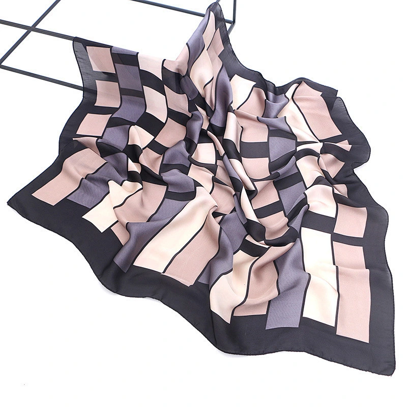 Spring new product simple professional decoration small scarf plaid stitching printed satin silk small square scarf