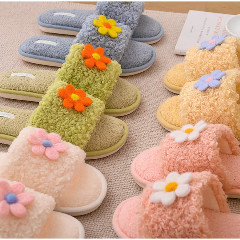 2020 Autumn Winter New Candy Color Korean Home Casual Flower Girl Plush Slippers