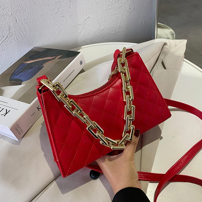 Lattice Embroidered Popular Style Elegant Chain PU Leather Bag For Girls