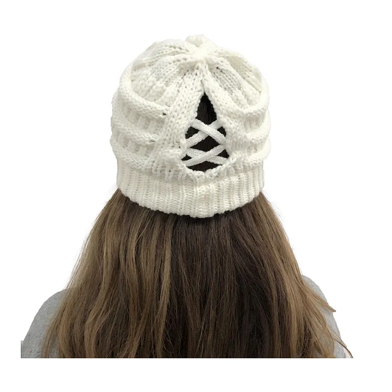 Hot Sale Autumn  Winter Pure Color Wool Hat Low Ponytail Back Hollow Split Knit Hat