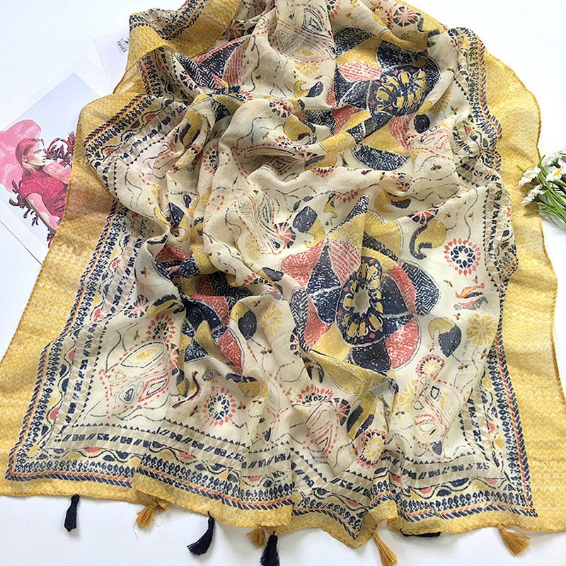 Dark Ginger Yellow Tassel Ethnic Style Seaside Beach Travel Photo Thin Sunscreen Dual-Use Scarf Shawl
