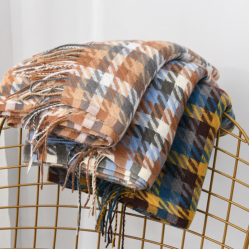 Autumn Winter New Cashmere Scarf Wild Long Fringed Scarf Shawl Dual-Use Korean Houndstooth Scarf Women