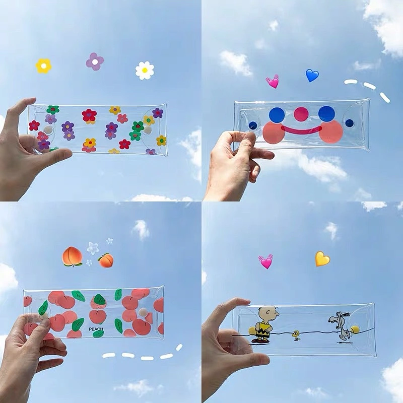 Wholesale Ins Hot Transparent Cute Flower Pen Bag Cloud Smile Face Pencil Case Student Use Stationery Storage Box