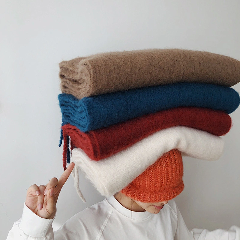 Solid Color Comfortable Mohair Padded Scarf Women Keep Warm Winter Double-Sided Long Shawl With Tassel