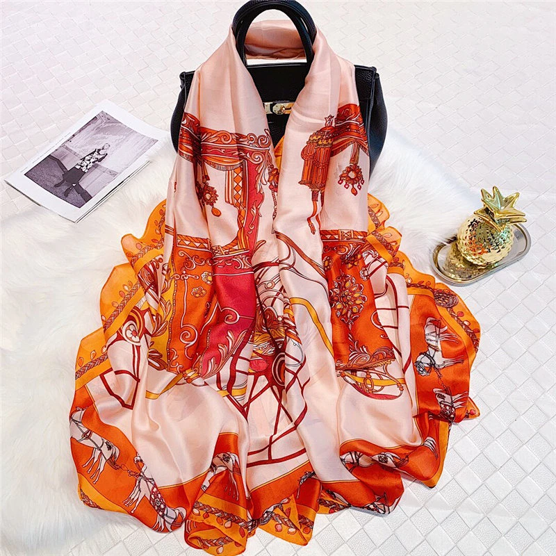 Spring and autumn new carriage printed scarf female wild scarf outdoor sunscreen simulation silk scarf