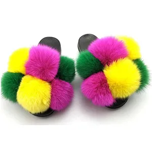 Wholesale Custom Logo Indoor Sandals Women Ladies Luxury Colorful Fluffy Fur Slipper