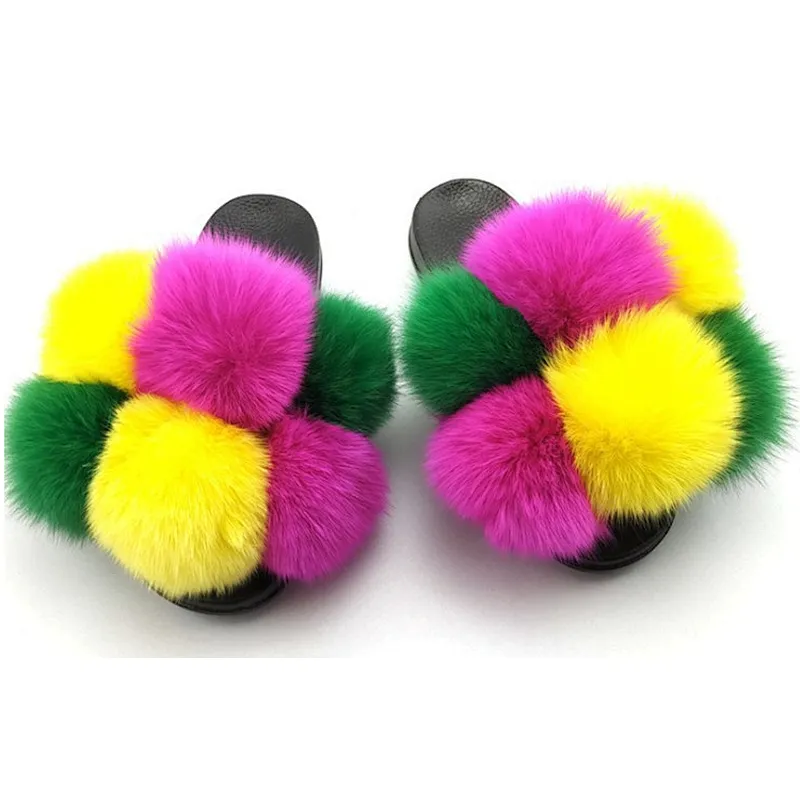 Wholesale Custom Logo Indoor Sandals Women Ladies Luxury Colorful Fluffy Fur Slipper