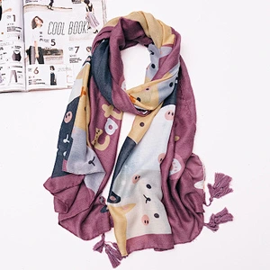 Spring and autumn childlike cute cat printed scarf female retro cotton and linen feel long shawl dual-use