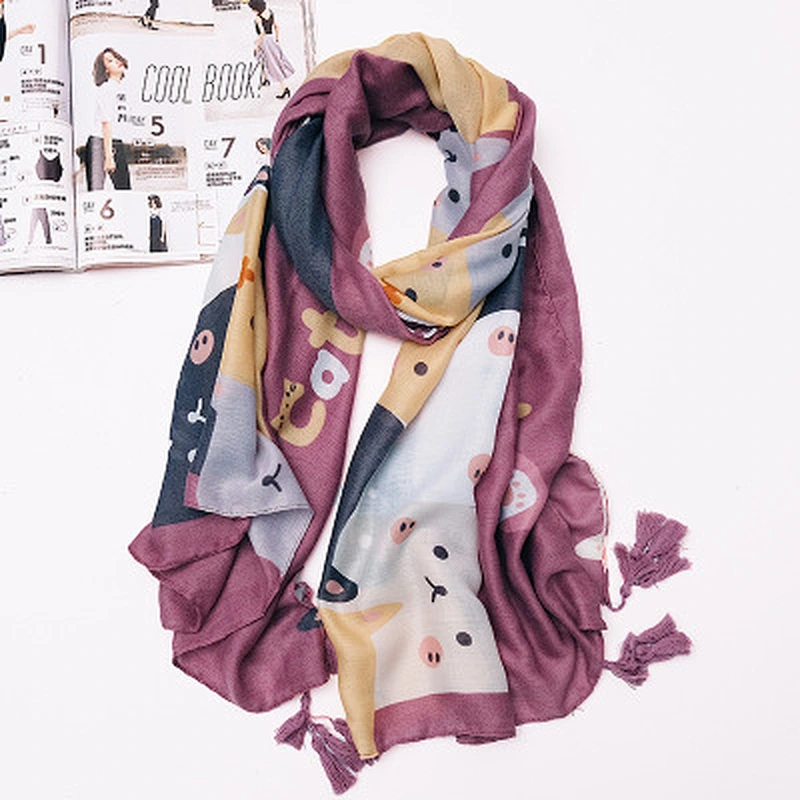 Spring and autumn childlike cute cat printed scarf female retro cotton and linen feel long shawl dual-use