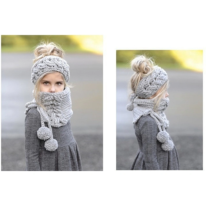 2020 New Kids Hat Suit Autumn Winter Warm Knitted Hat Cute Female Baby Hat Neck Scarf Two-Piece Set With Pom Pom