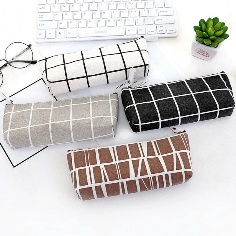 Canvas Geometric Pencil Case School Simple Striped Grid Cute Kawaii Pencil Bag Pouch Office Students Kids Stationery Supplies