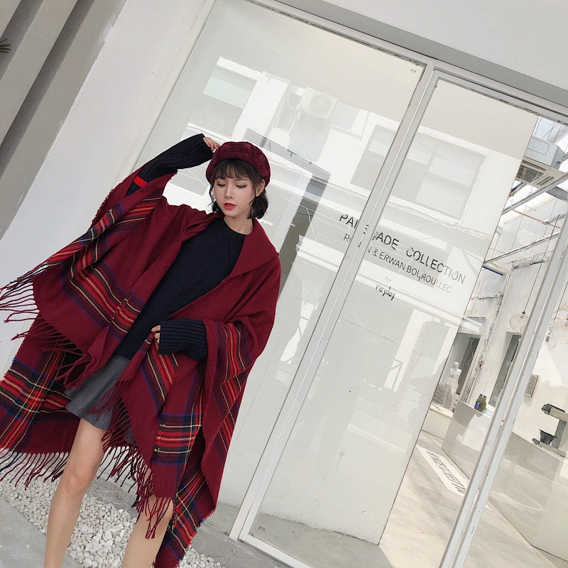 Ethnic Style Tassel Poncho Shawl Female Cloak Thickened Warm Travel Scarf With Hood