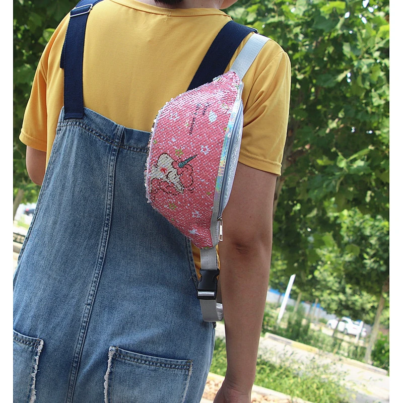 Reversible Flip Unicorn Pattern Design Sequin Belt Bag Unicorn Sequin Kids Waist Bag, Adjustable Waist Pack Bag