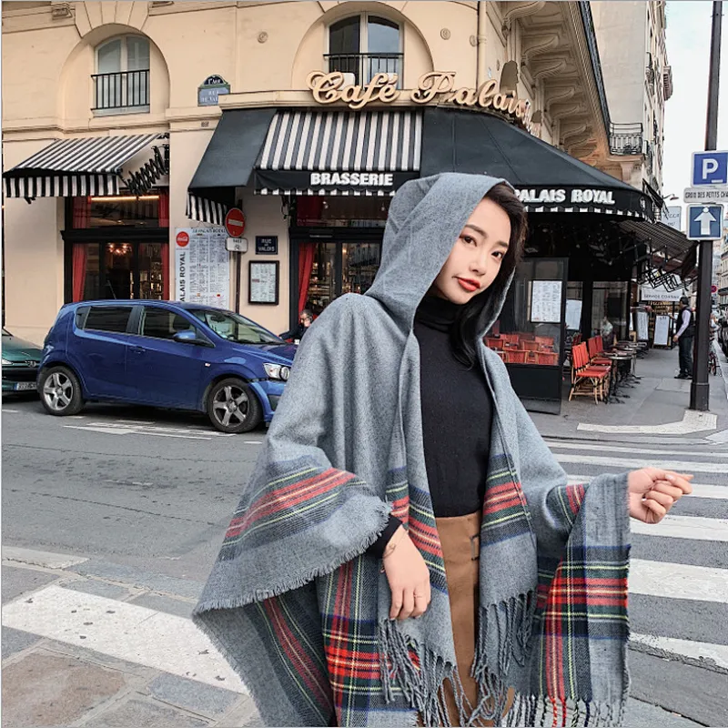 Ethnic Style Tassel Poncho Shawl Female Cloak Thickened Warm Travel Scarf With Hood