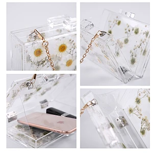 Daisy Floral Acrylic Transparent Clear Square Lady Crossbody Handbag Acrylic Clutch Bag