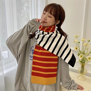 Nordic Style Lengthened Contrast Striped Wool Scarf Female Winter Student Warm Knitted Scarf