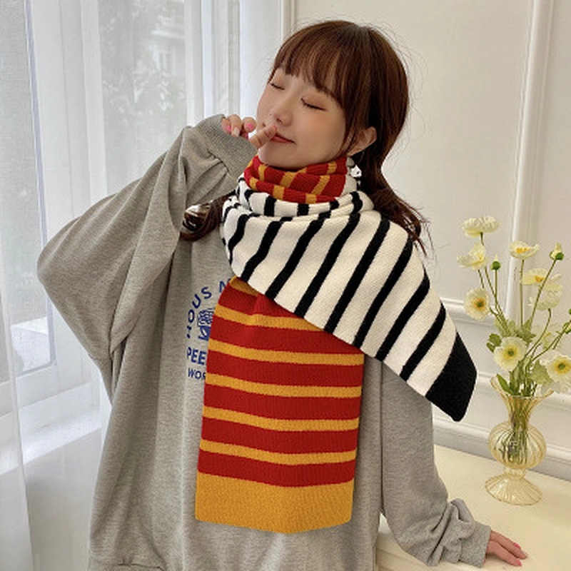 Nordic Style Lengthened Contrast Striped Wool Scarf Female Winter Student Warm Knitted Scarf