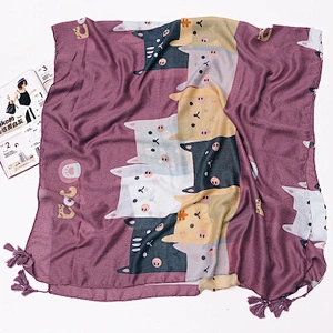 Spring and autumn childlike cute cat printed scarf female retro cotton and linen feel long shawl dual-use