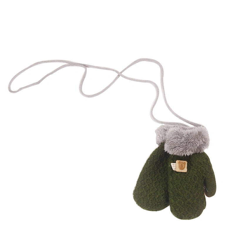 Winter Children'S Gloves Knitted Warm Velvet Thicken Gloves Baby Cute Bear Mittens Finger Lanyard Gloves