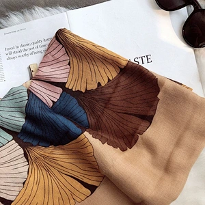 Cotton And Linen Feel Fashionable Retro Ginkgo Printing Fringed Scarf Long Scarf Shawl