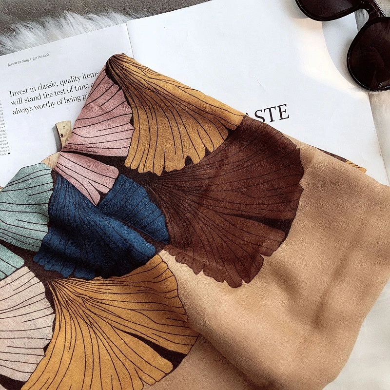 Cotton And Linen Feel Fashionable Retro Ginkgo Printing Fringed Scarf Long Scarf Shawl