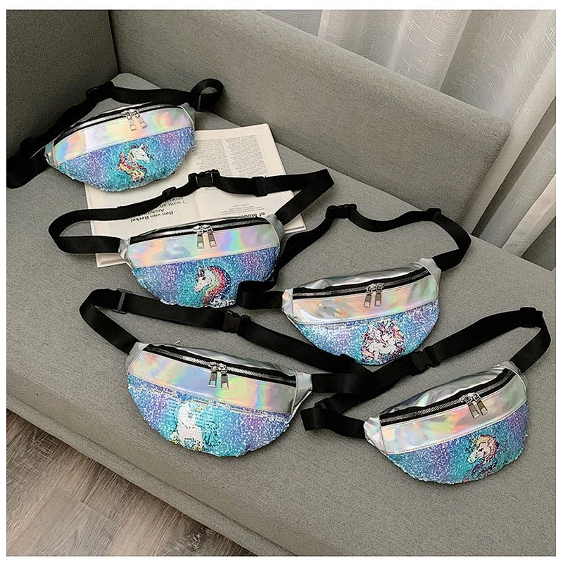 2021 New Fashion Waist Bag Creative Laser Sequins Children Unicorn Shoulder Diagonal Sequin Bag Women